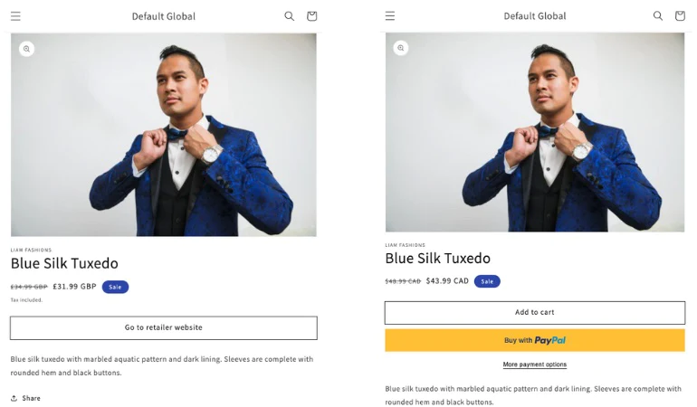 On the left, a customer in the UK is directed to an external retailer's website, while on the right, a customer in Canada can add to cart and buy directly on the website.